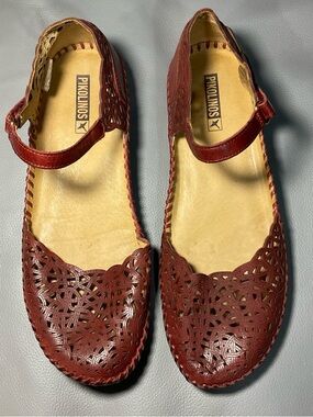 PIKOLINOS Red Laser-Cut Leather Mary Jane Flats